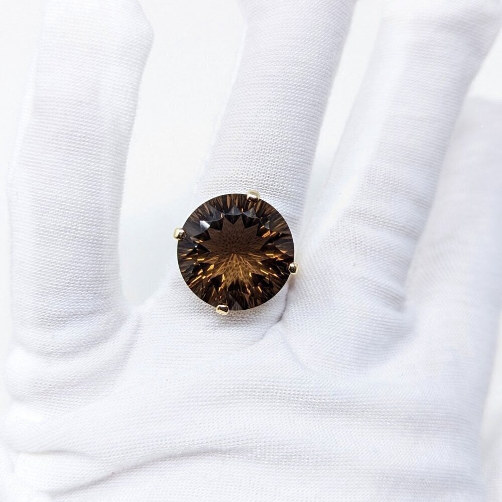 10K Solid Gold Large Vintage Round Smokey Quartz Cocktail Ring Size 7